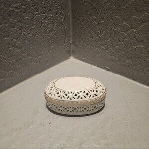 Ceramic Gold and White Trinket Dish 4" Oval Shaped